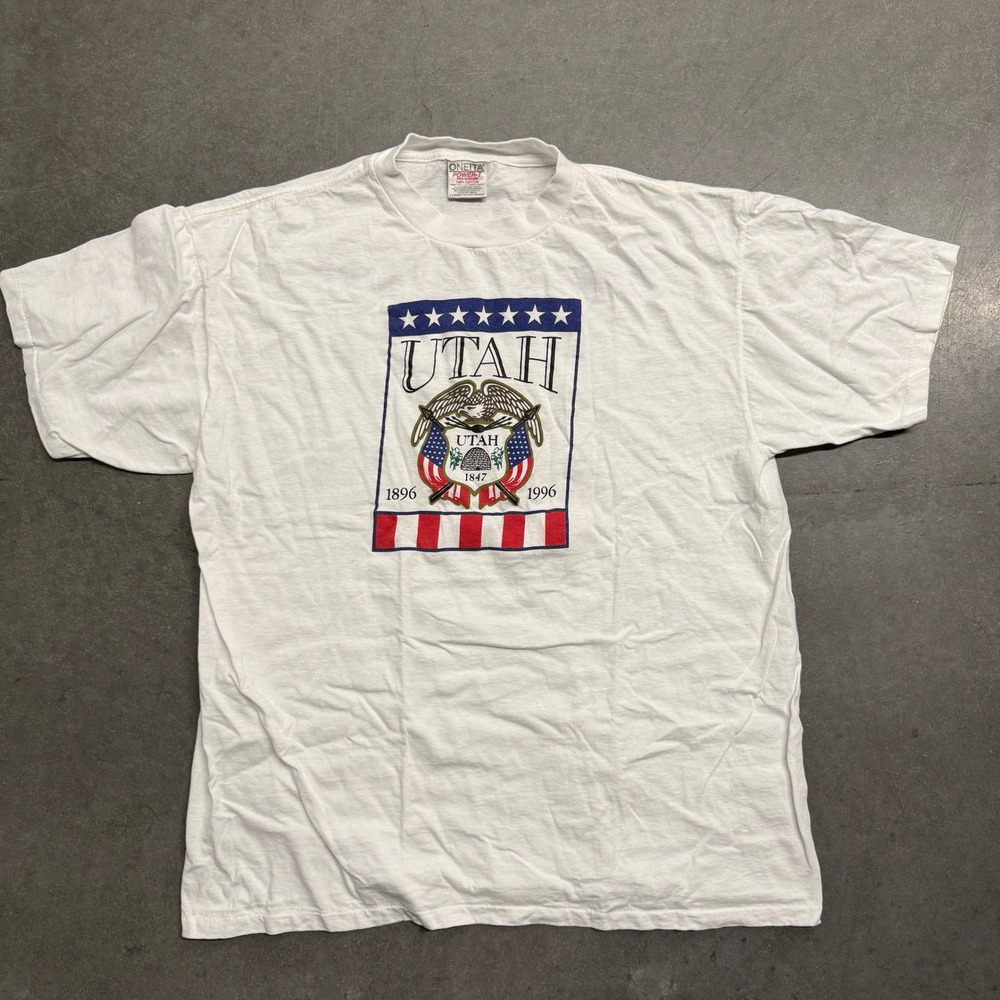 Vintage Oneita Utah Centennial 1896-1996 T-Shirt American Fork Parade XL White